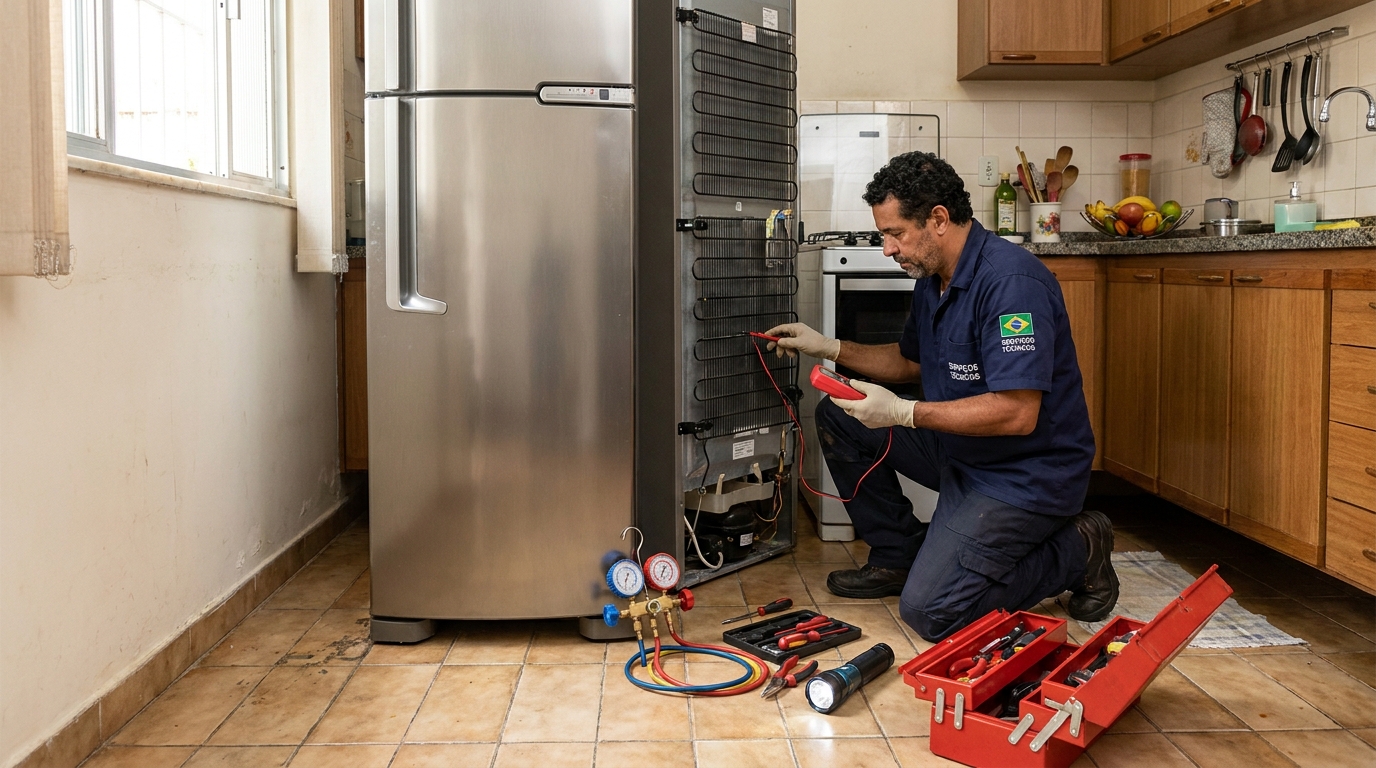 Técnico realizando manutenção de motor de geladeira no Algodoal, Cabo Frio‑RJ